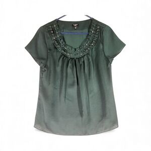 Talbots Petites Embellished Neckline Pleated Blouse Women Emerald Green Size 12P